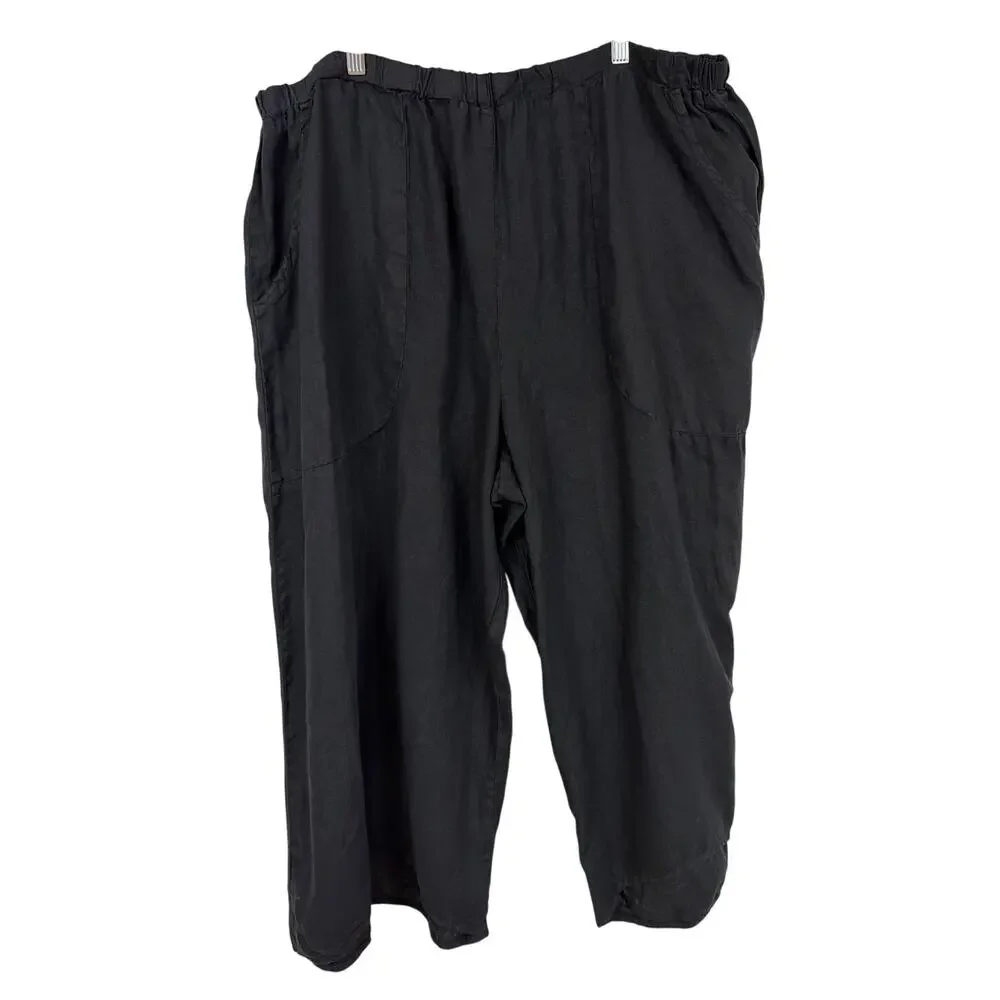 Cynthia Asbury Black Linen Elastic Waist Wide Leg Crop Pants Made in USA - Picture 1 of 7